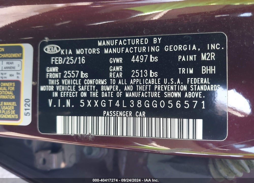 2016 KIA OPTIMA LX VIN: 5XXGT4L38GG056571