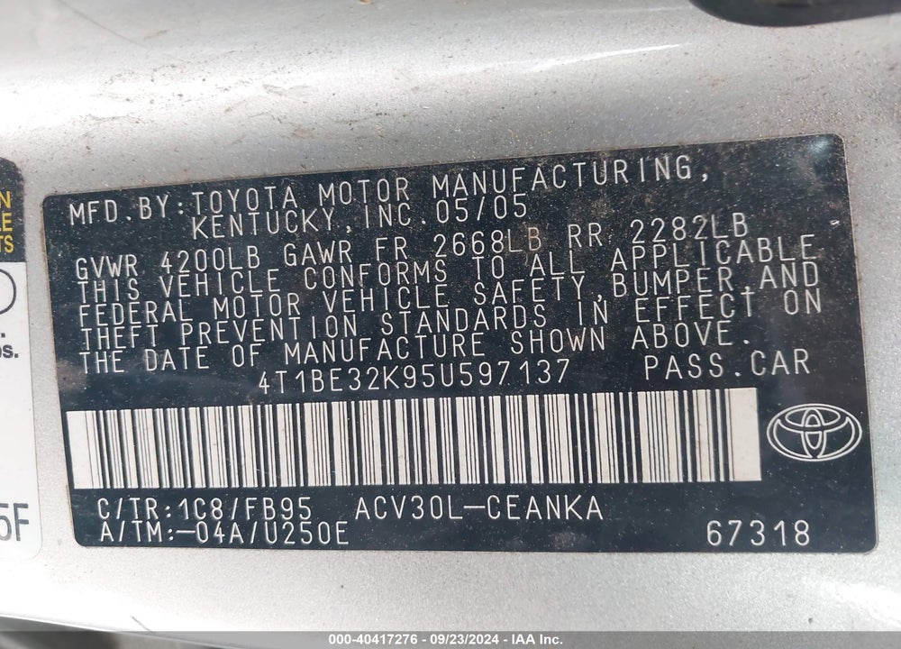 2005 TOYOTA CAMRY LE VIN: 4T1BE32K95U597137