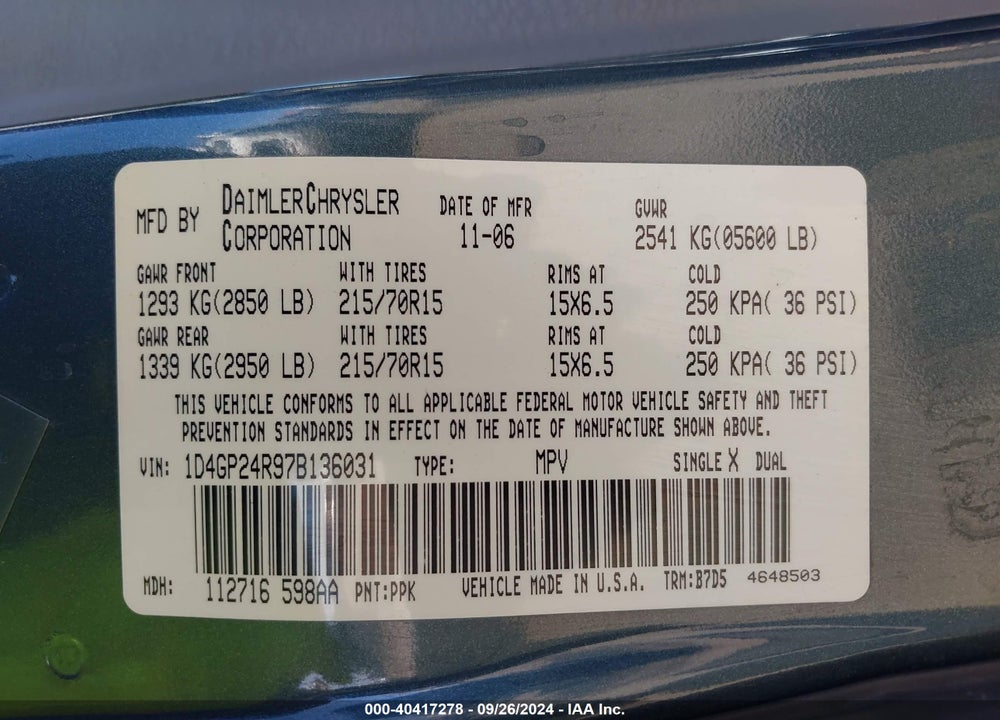 2007 DODGE GRAND CARAVAN SE VIN: 1D4GP24R97B136031