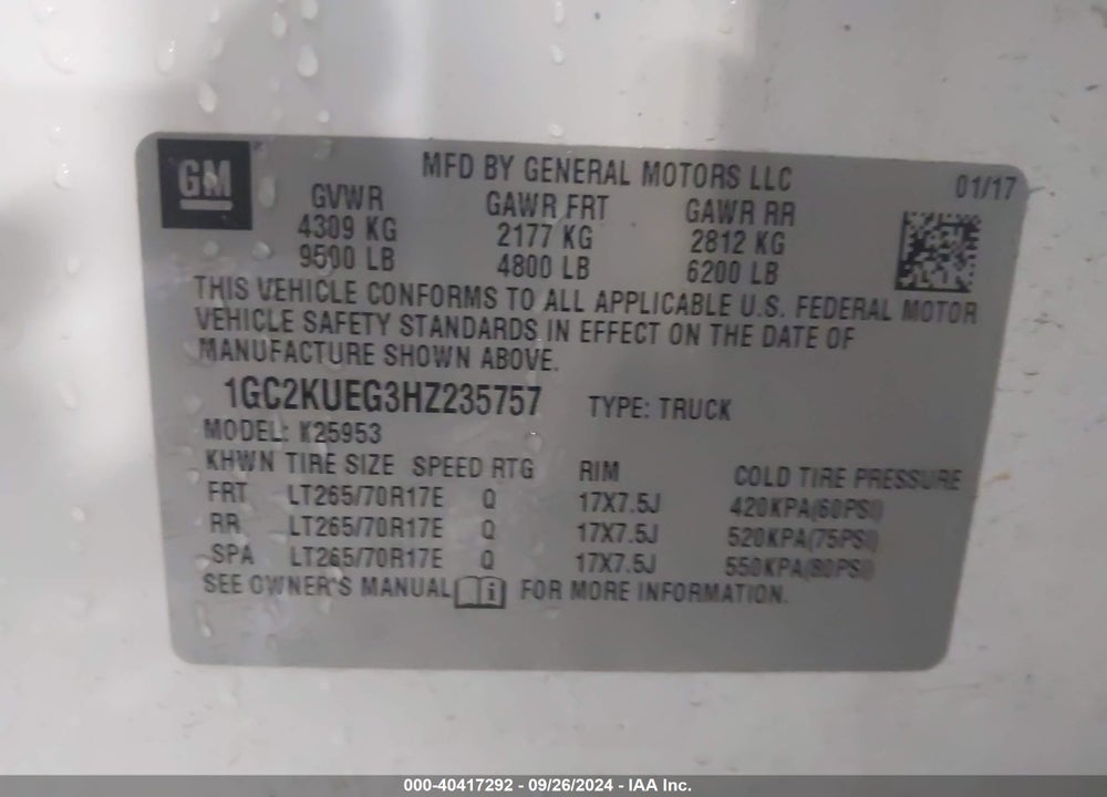 2017 CHEVROLET SILVERADO 2500HD WT VIN: 1GC2KUEG3HZ235757
