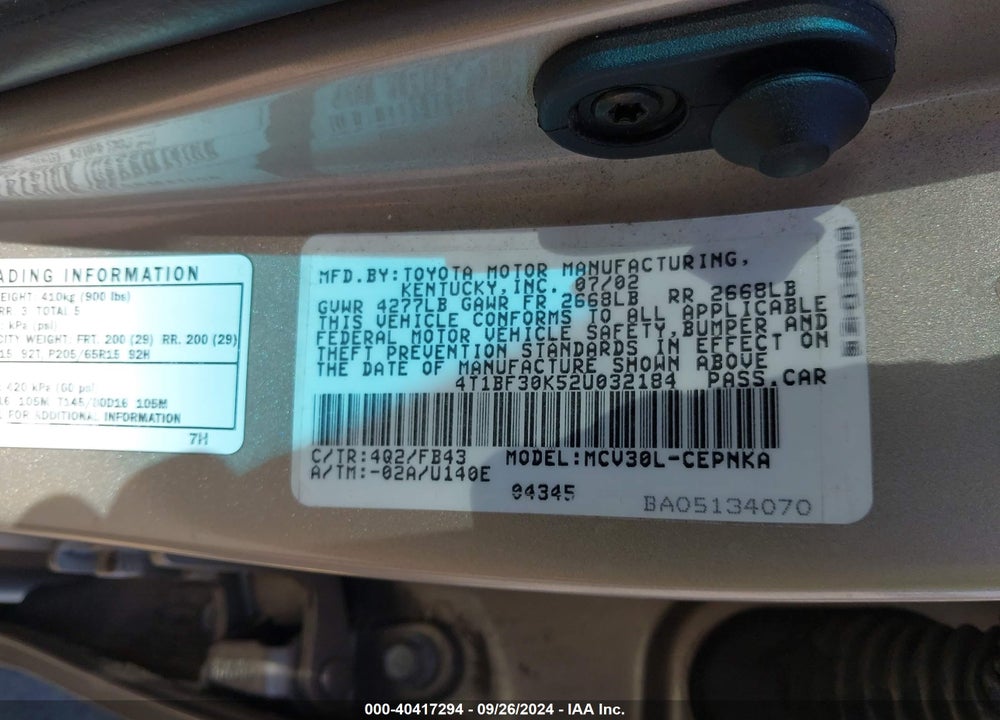 2002 TOYOTA CAMRY LE V6 VIN: 4T1BF30K52U032184