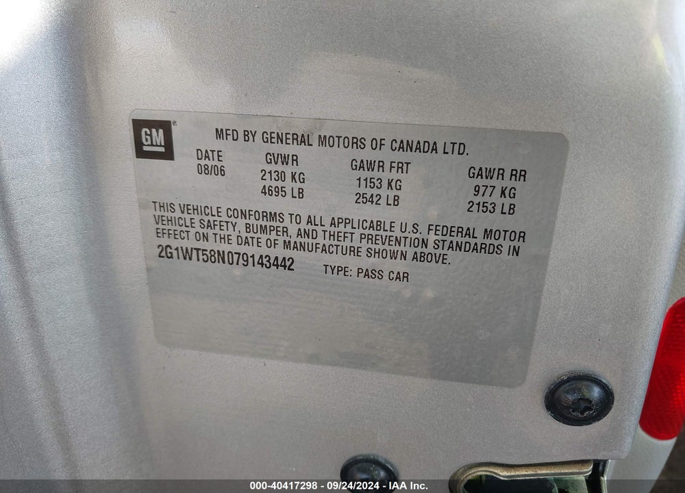2007 CHEVROLET IMPALA LT VIN: 2G1WT58N079143442