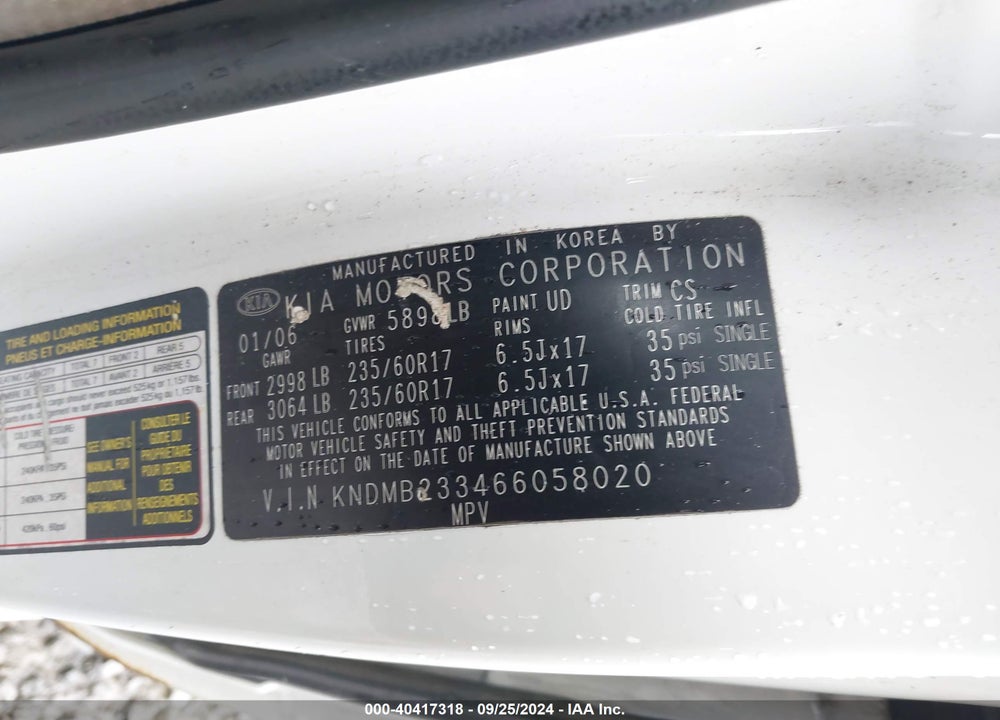 2006 KIA SEDONA EX/LX VIN: KNDMB233466058020