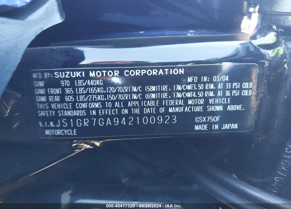 2004 SUZUKI GSX750 F VIN: JS1GR7GA942100923