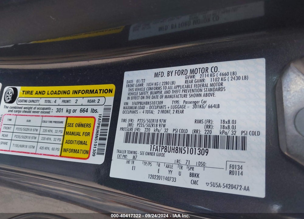 2022 FORD MUSTANG ECOBOOST PREMIUM VIN: 1FATP8UH8N5101309