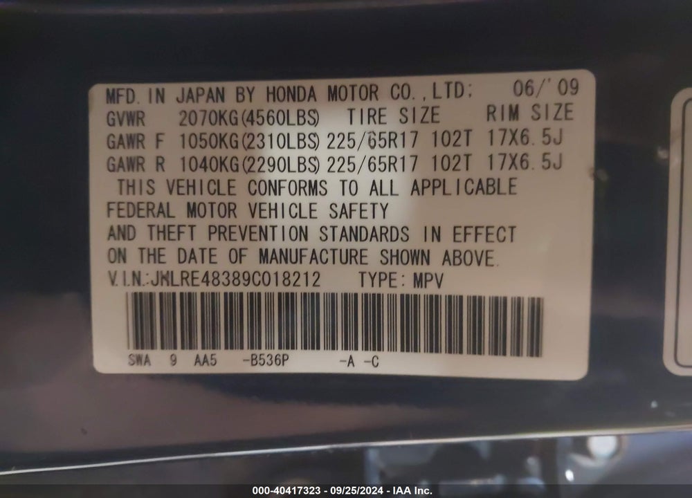 2009 HONDA CR-V LX VIN: JHLRE48389C018212