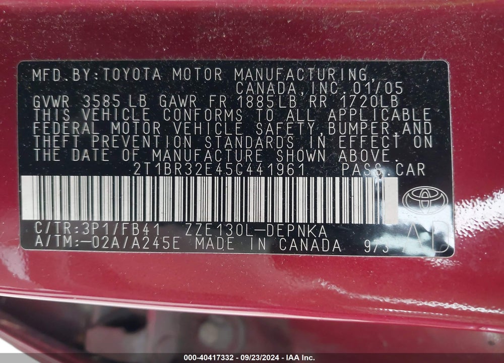 2005 TOYOTA COROLLA LE VIN: 2T1BR32E45C441961