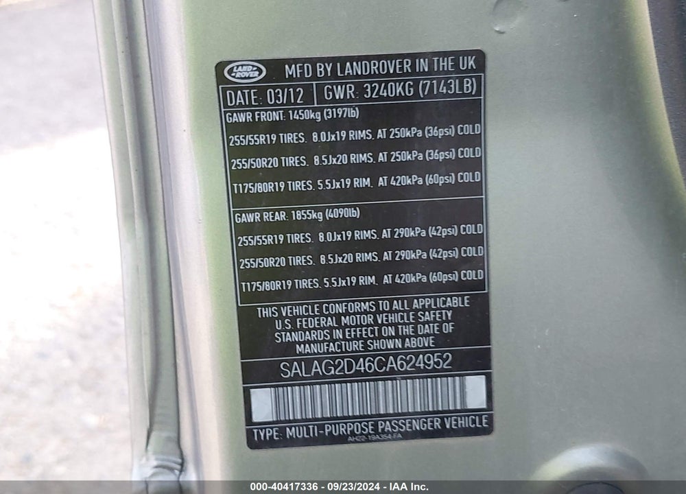 2012 LAND ROVER LR4 VIN: SALAG2D46CA624952