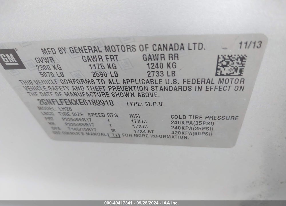 2014 CHEVROLET EQUINOX 1LT VIN: 2GNFLFEKXE6189910