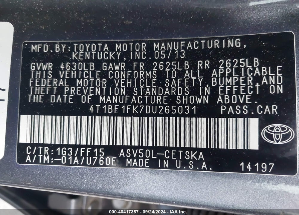 2013 TOYOTA CAMRY SE VIN: 4T1BF1FK7DU265031