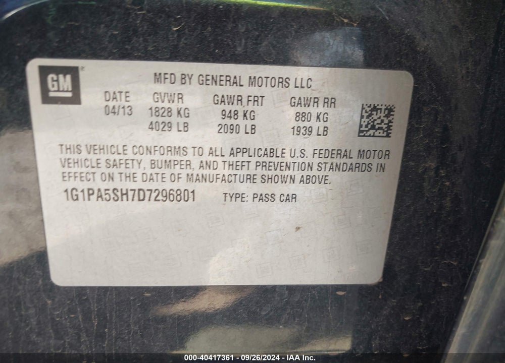 2013 CHEVROLET CRUZE LS AUTO VIN: 1G1PA5SH7D7296801