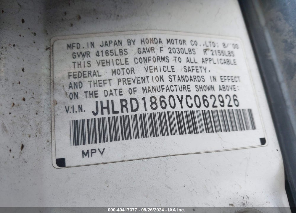 2000 HONDA CR-V EX VIN: JHLRD1860YC062926