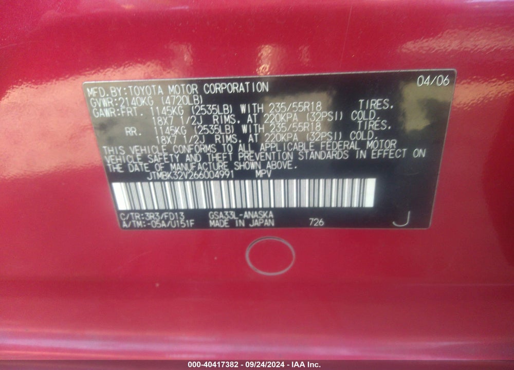 2006 TOYOTA RAV4 SPORT V6 VIN: JTMBK32V266004991