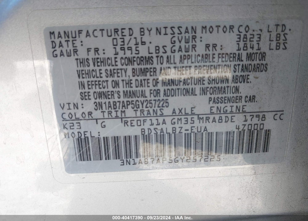 2016 NISSAN SENTRA S VIN: 3N1AB7AP5GY257225