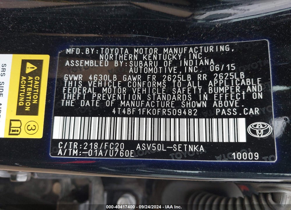 2015 TOYOTA CAMRY LE VIN: 4T4BF1FK0FR509482