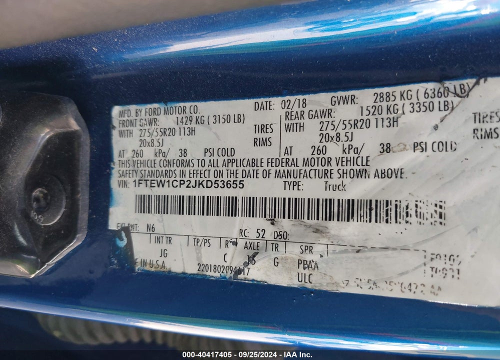 2018 FORD F-150 XL VIN: 1FTEW1CP2JKD53655
