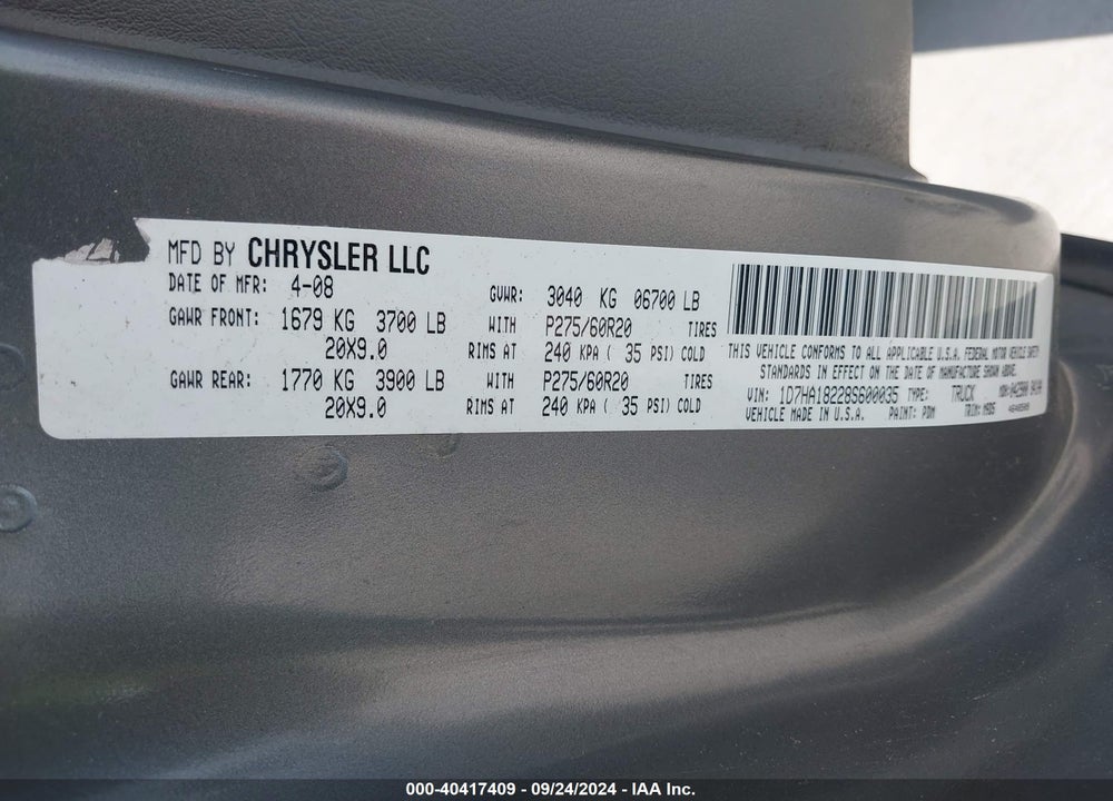 2008 DODGE RAM 1500 SLT VIN: 1D7HA18228S600035