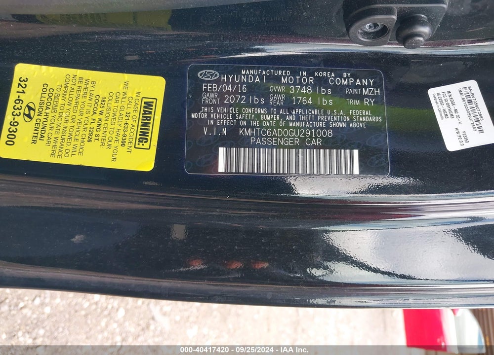 2016 HYUNDAI VELOSTER VIN: KMHTC6AD0GU291008