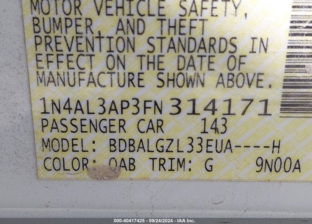 2015 NISSAN ALTIMA 2.5 S VIN: 1N4AL3AP3FN314171
