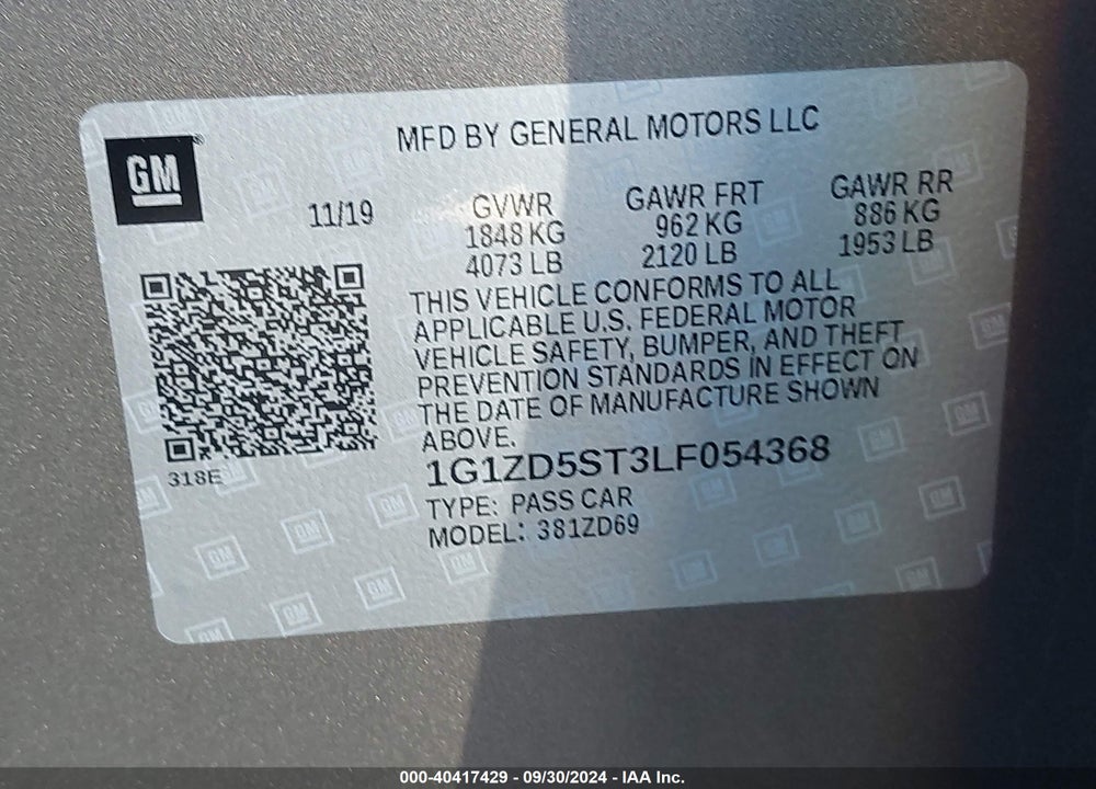 2020 CHEVROLET MALIBU FWD LT VIN: 1G1ZD5ST3LF054368