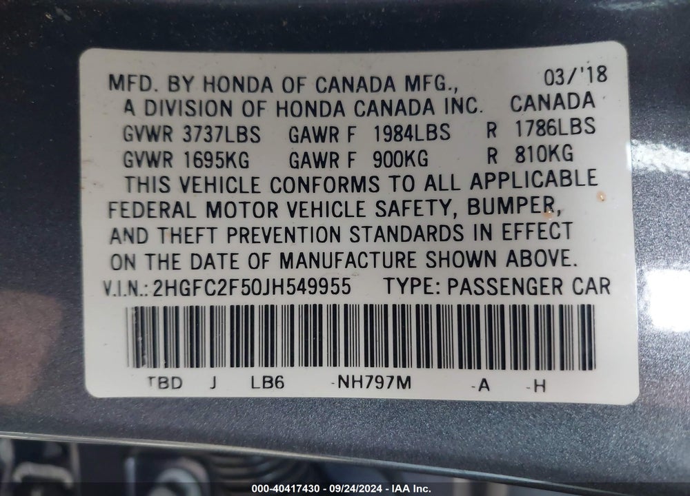 2018 HONDA CIVIC LX VIN: 2HGFC2F50JH549955