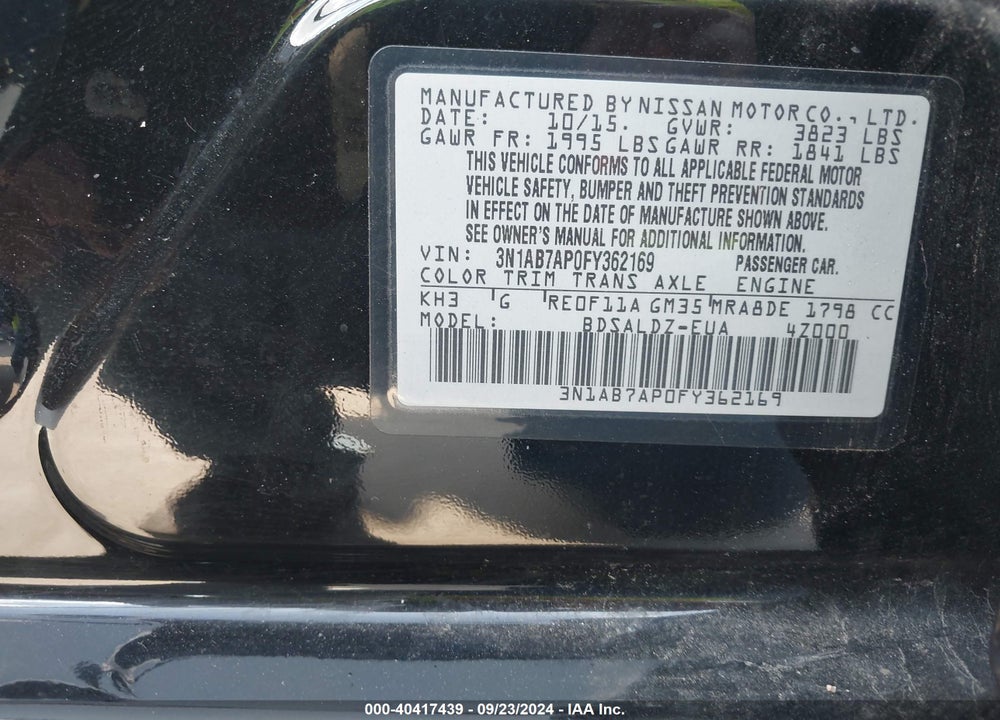 2015 NISSAN SENTRA SV VIN: 3N1AB7AP0FY362169