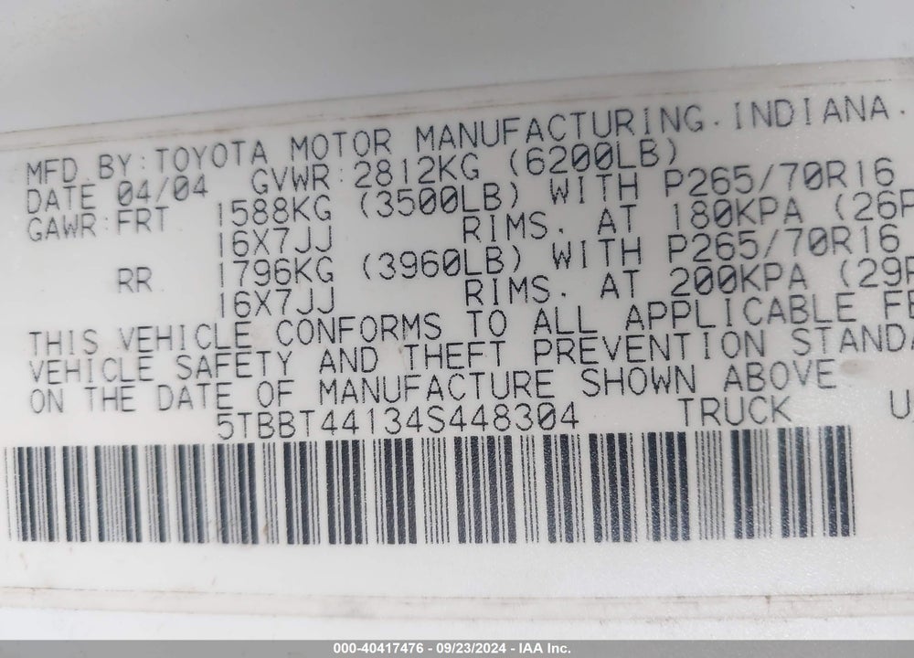 2004 TOYOTA TUNDRA SR5 V8 VIN: 5TBBT44134S448304