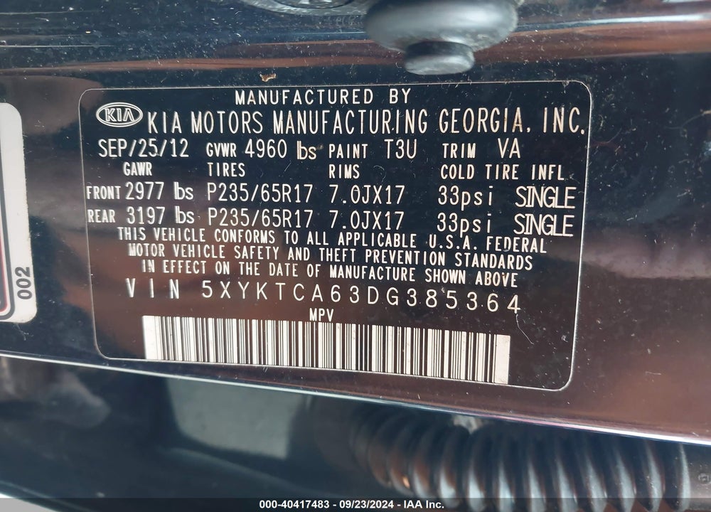 2013 KIA SORENTO LX VIN: 5XYKTCA63DG385364