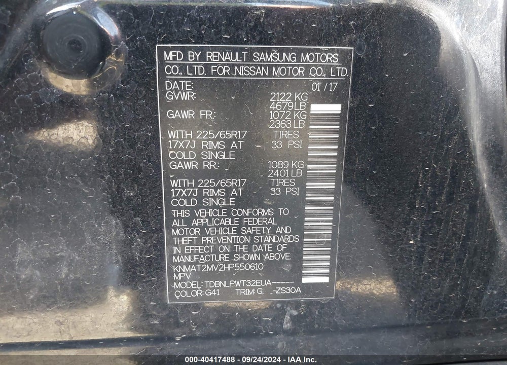 2017 NISSAN ROGUE S VIN: KNMAT2MV2HP550610