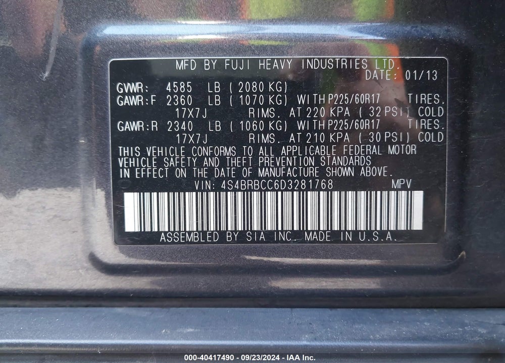2013 SUBARU OUTBACK 2.5I PREMIUM VIN: 4S4BRBCC6D3281768