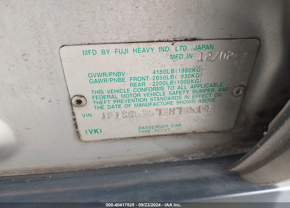 2003 SUBARU FORESTER X VIN: JF1SG63673H756198