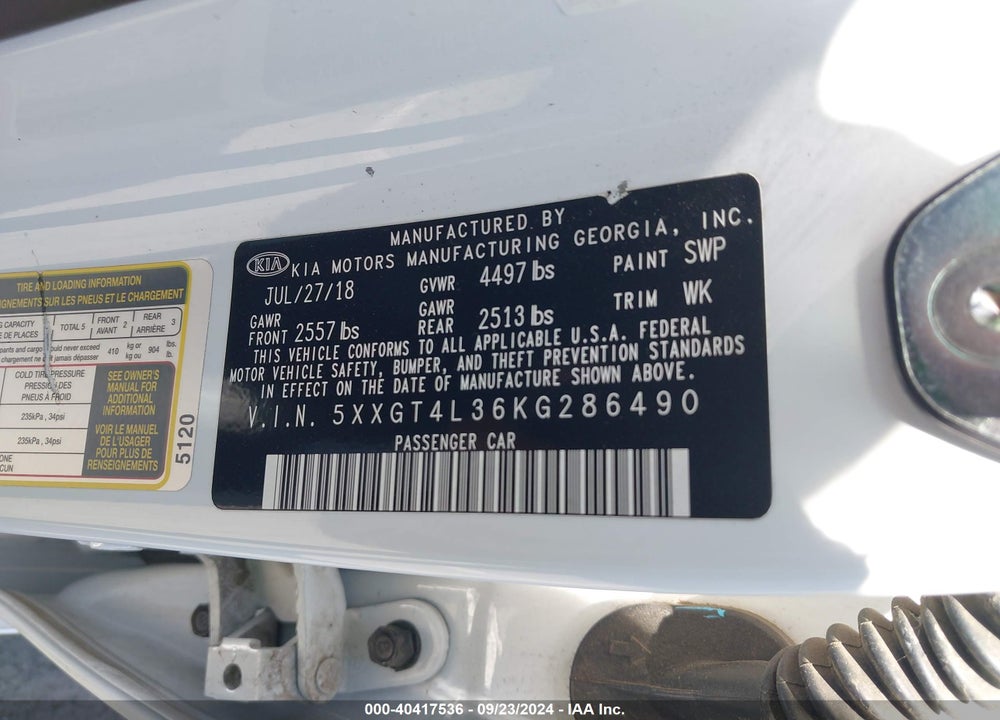 2019 KIA OPTIMA LX VIN: 5XXGT4L36KG286490
