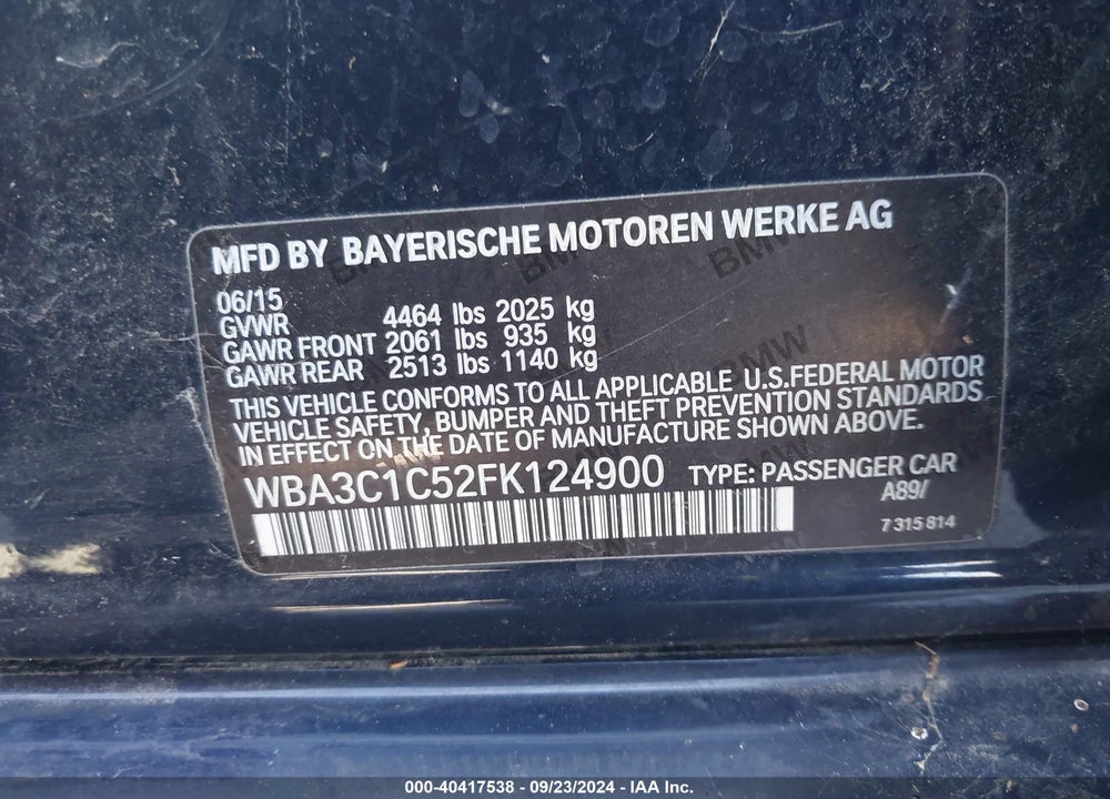 2015 BMW 328I VIN: WBA3C1C52FK124900