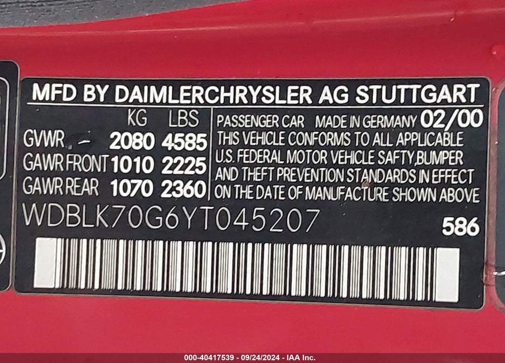 2000 MERCEDES-BENZ CLK 430 VIN: WDBLK70G6YT045207