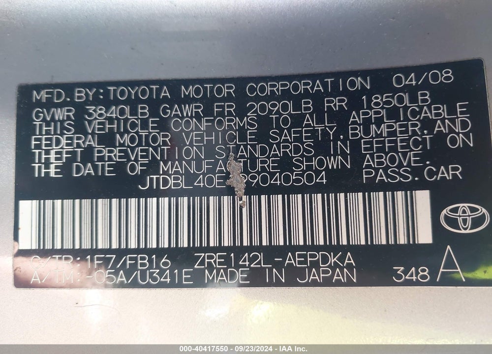 2009 TOYOTA COROLLA LE VIN: JTDBL40E199040504