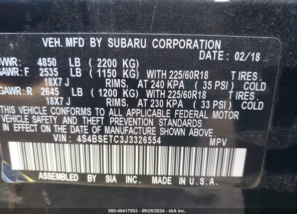 2018 SUBARU OUTBACK 3.6R TOURING VIN: 4S4BSETC3J3326554