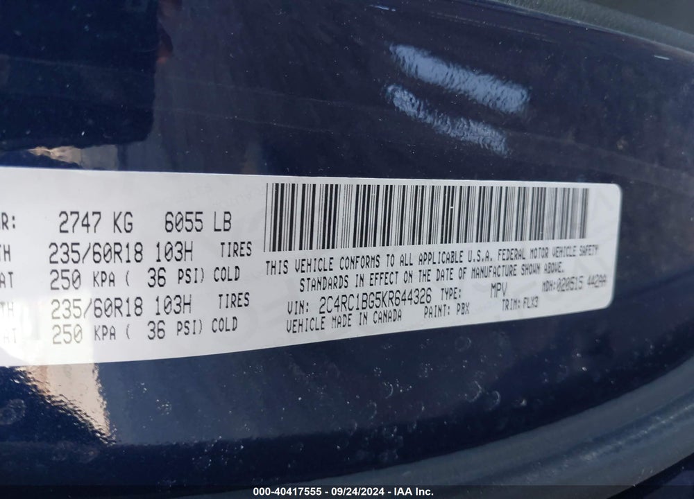 2019 CHRYSLER PACIFICA TOURING L VIN: 2C4RC1BG5KR644326