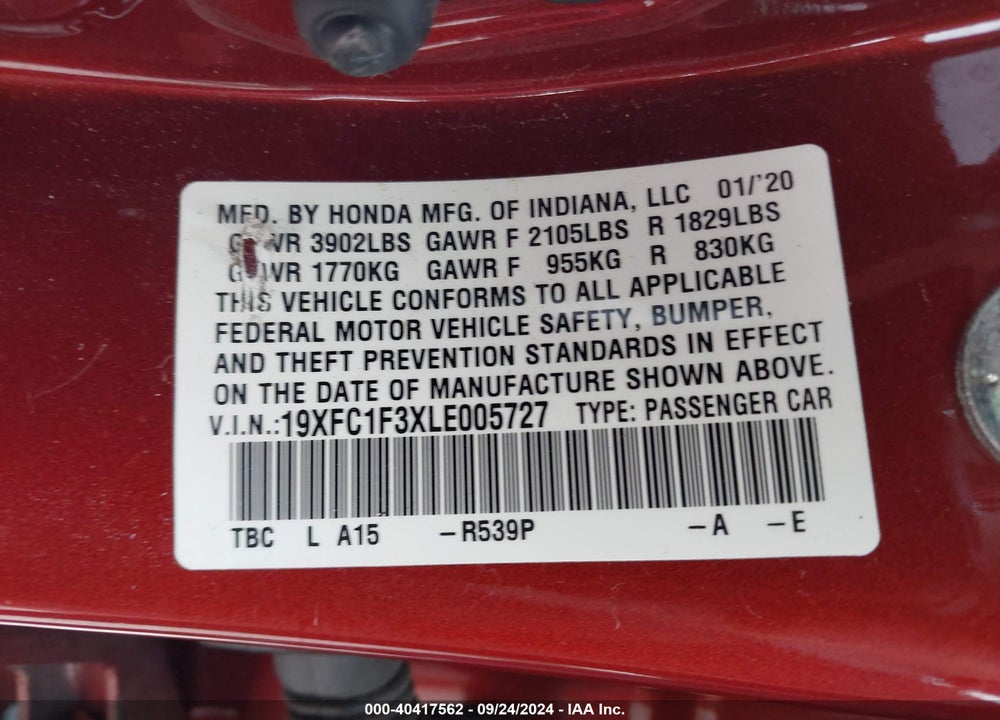 2020 HONDA CIVIC EX VIN: 19XFC1F3XLE005727