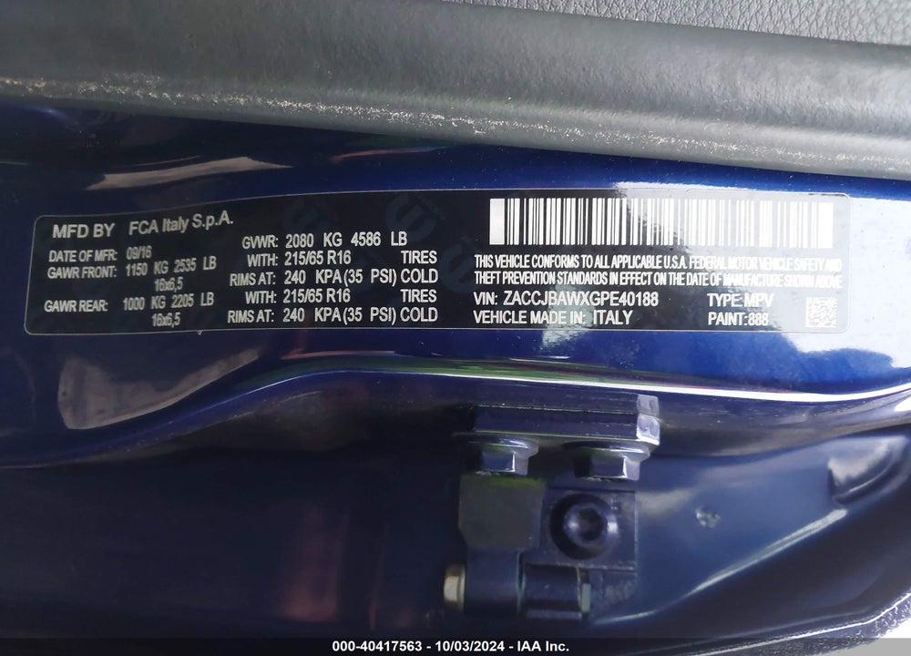 2016 JEEP RENEGADE SPORT VIN: ZACCJBAWXGPE40188