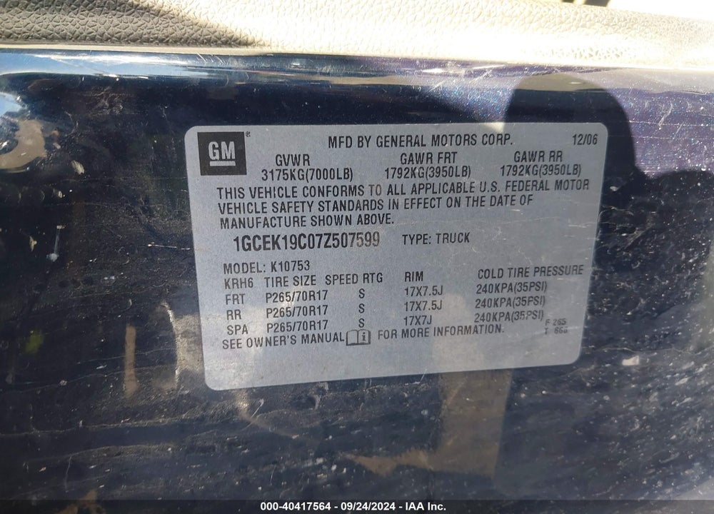 2007 CHEVROLET SILVERADO 1500 LT1 VIN: 1GCEK19C07Z507599