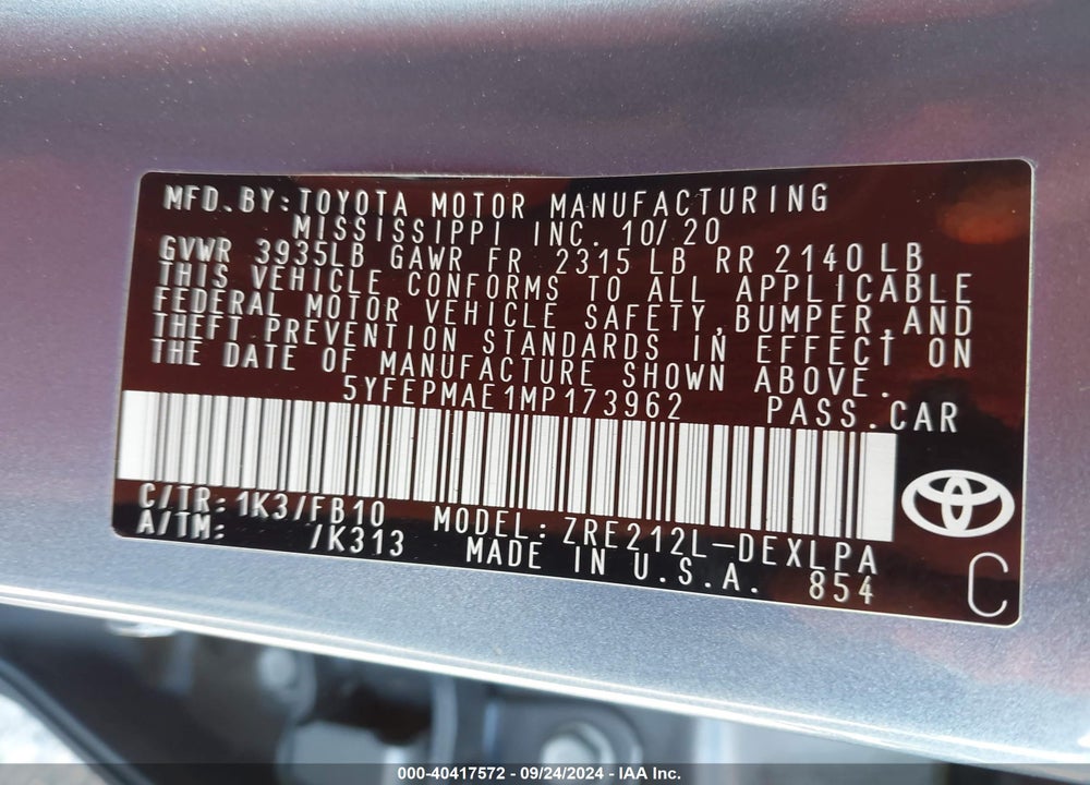 2021 TOYOTA COROLLA LE VIN: 5YFEPMAE1MP173962