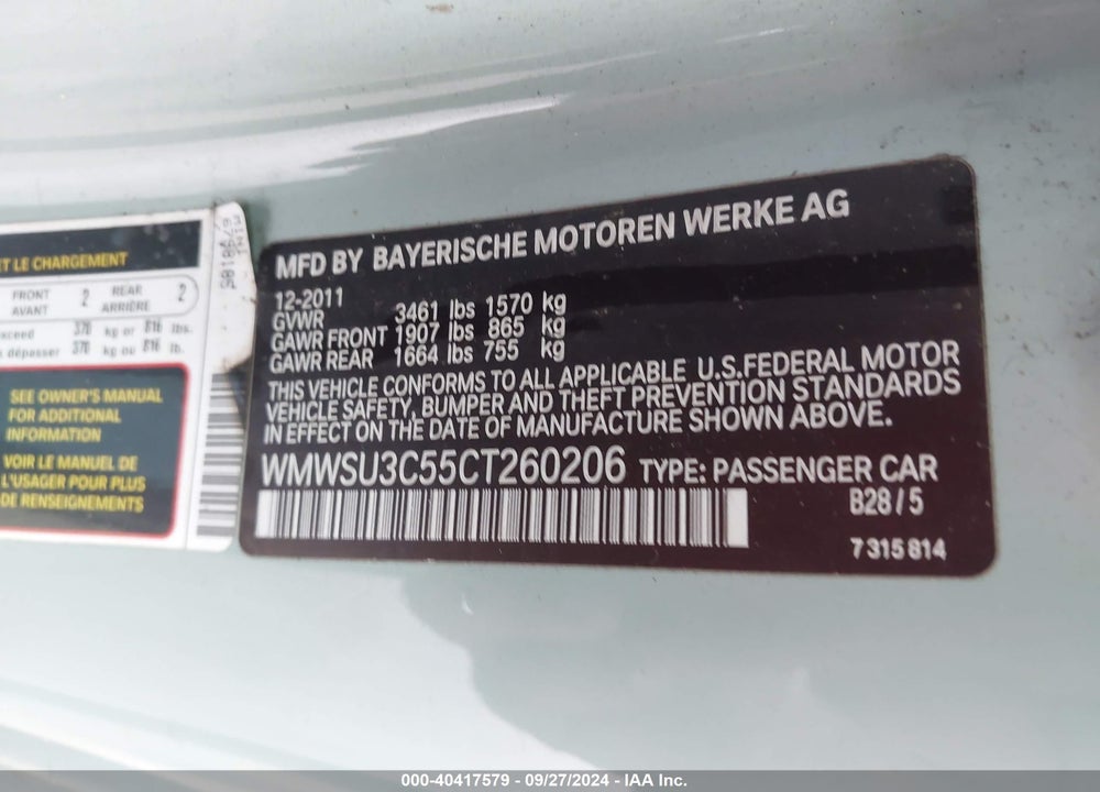 2012 MINI COOPER VIN: WMWSU3C55CT260206