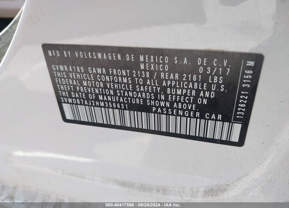 2017 VOLKSWAGEN JETTA 1.4T SE VIN: 3VWDB7AJ2HM356631