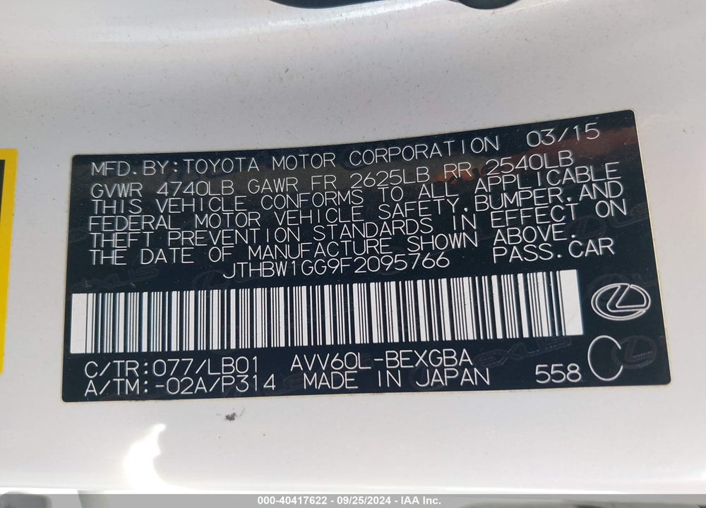 2015 LEXUS ES 300H VIN: JTHBW1GG9F2095766