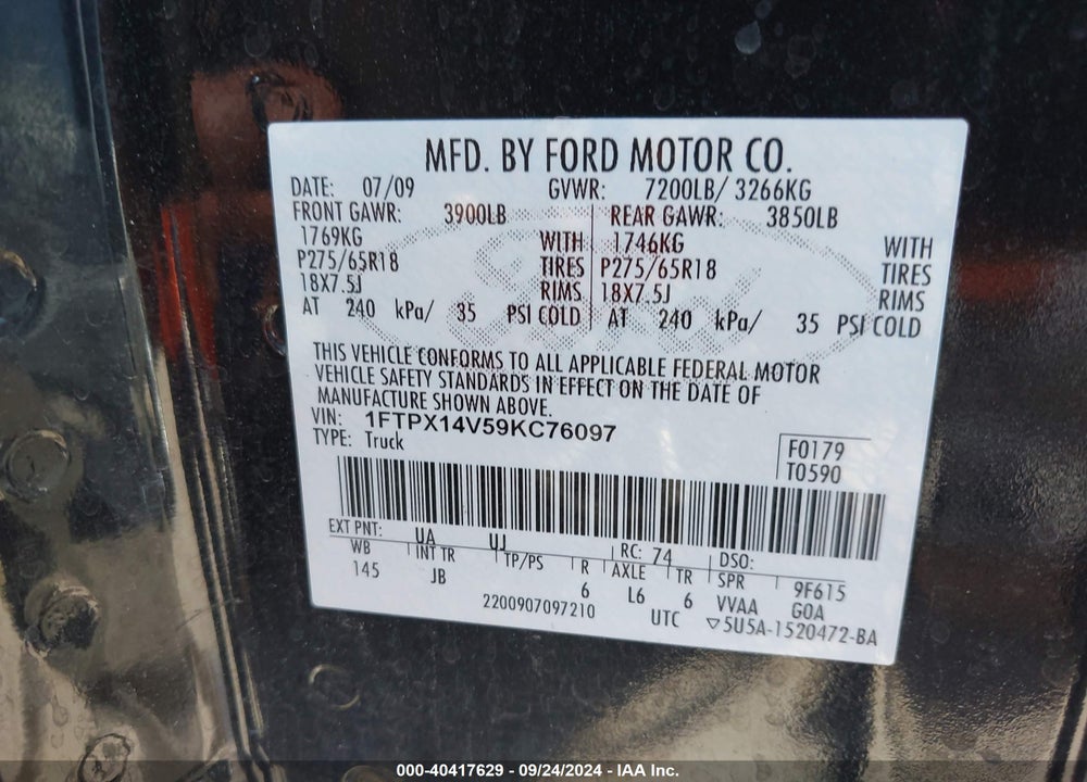 2009 FORD F-150 FX4/LARIAT/XL/XLT VIN: 1FTPX14V59KC76097