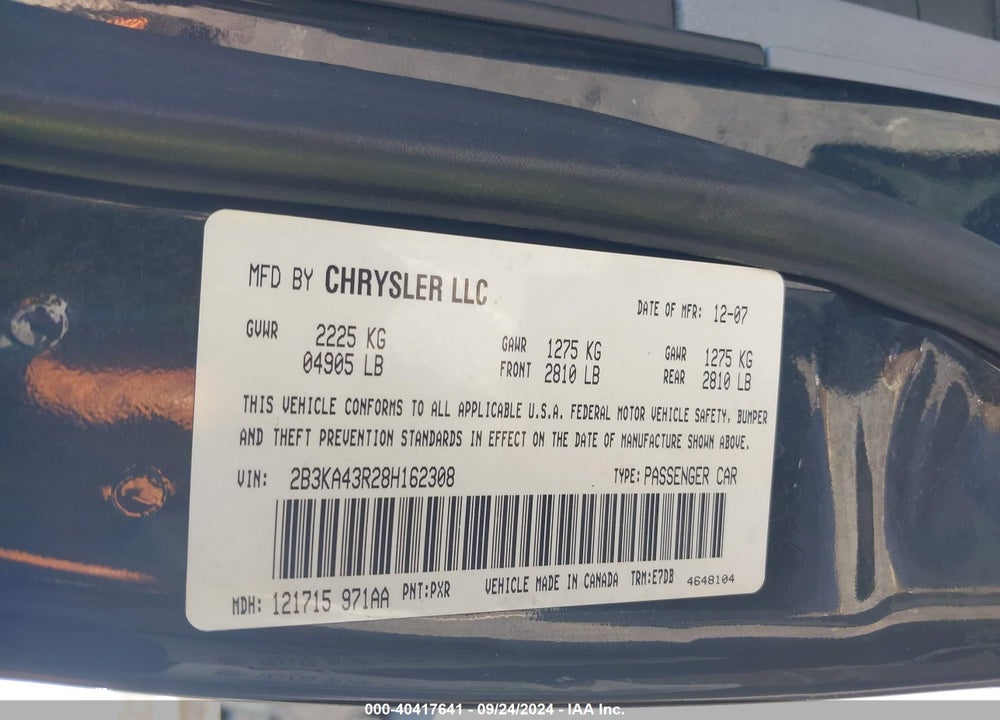 2008 DODGE CHARGER VIN: 2B3KA43R28H162308