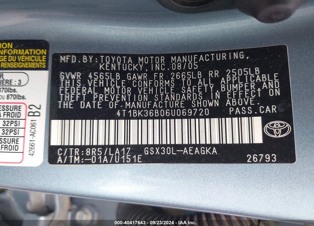 2006 TOYOTA AVALON LIMITED/TOURING/XL/XLS VIN: 4T1BK36B06U069720