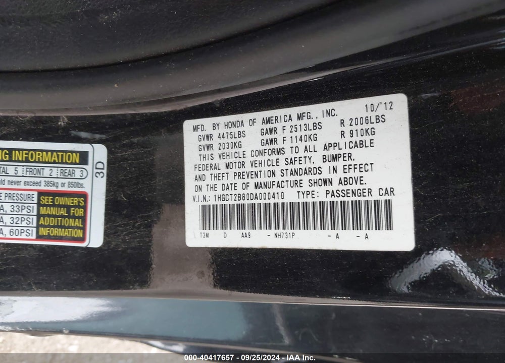 2013 HONDA ACCORD EX-L V-6 VIN: 1HGCT2B80DA000410