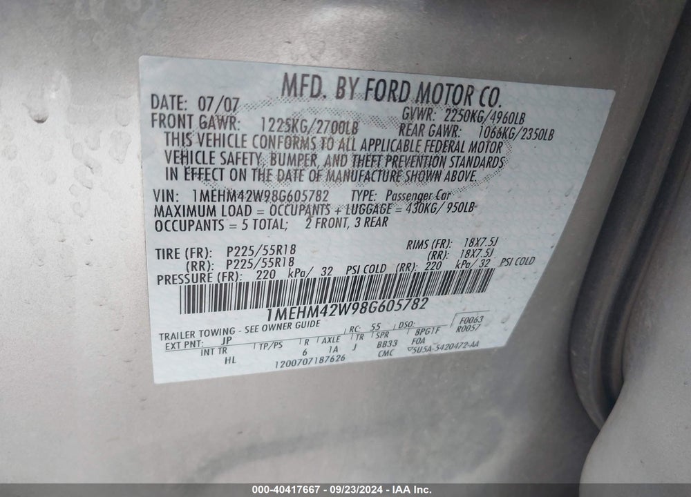 2008 MERCURY SABLE PREMIER VIN: 1MEHM42W98G605782
