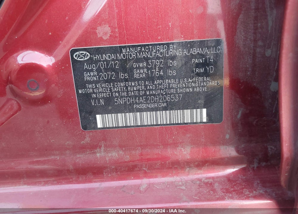2013 HYUNDAI ELANTRA GLS VIN: 5NPDH4AE2DH206537